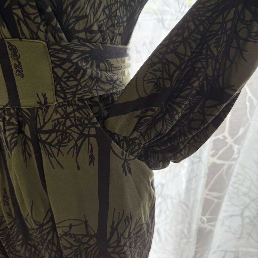 MARA HOFFMAN GREEN BLACK FOREST TREE PRINT SILK LONG SLEEVE WAIST BELT DRESS - Picture 7 of 13